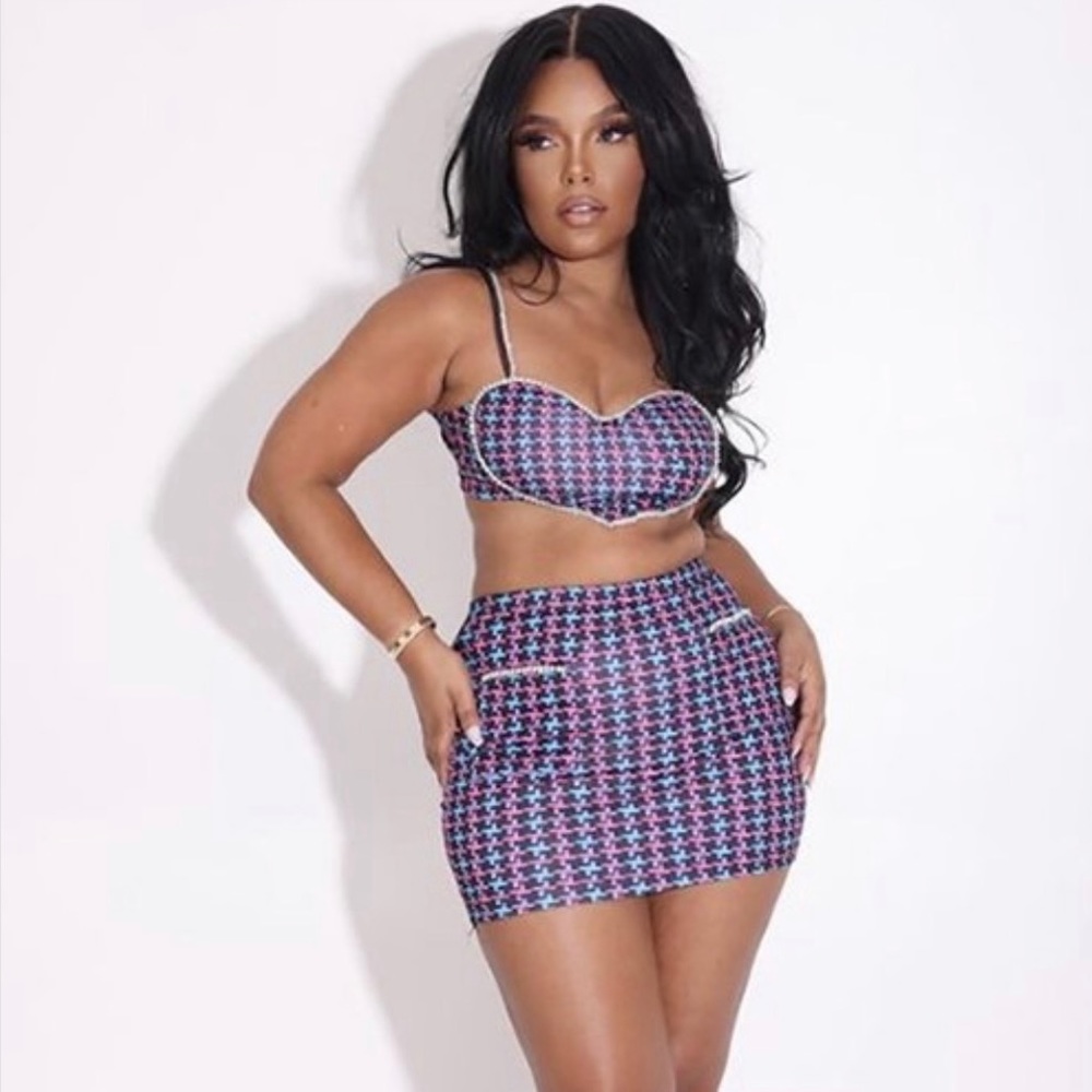 PURPLE/BLUE TWEED PRINT SKIRT SET